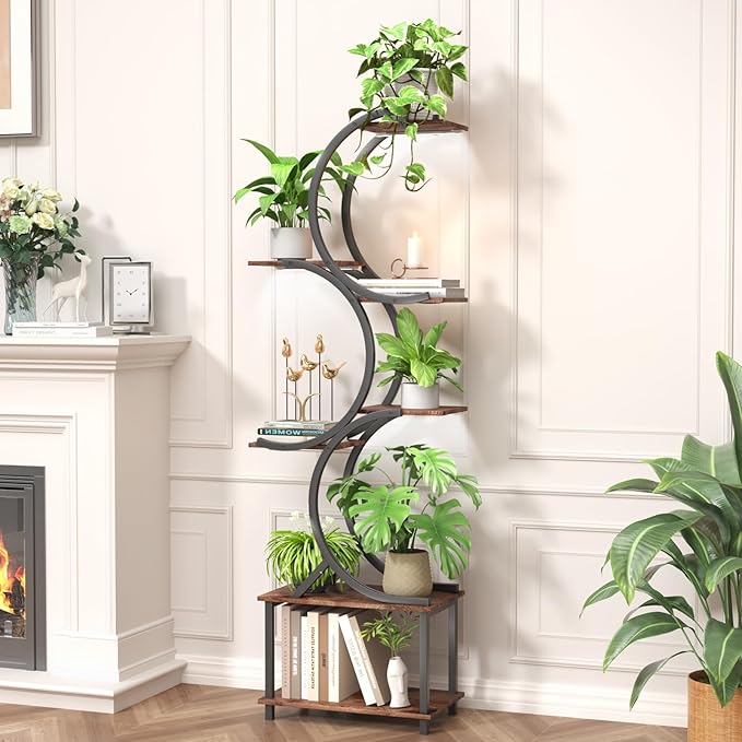 Plant Stand Indoor with Grow Lights, 65 inch Tall Plant Shelf for Multiple Plants, 7 Tiered Metal Plant Stands Indoor, for Living Room, Corners Patio Balcony or Office (Rustic Brown)