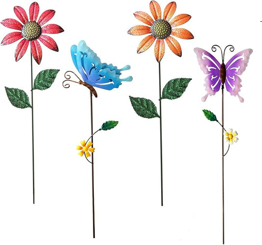 Metal Flowers for Outside, 16.15" 4-Pack Metal Colorful Butterfly & Flower Decorative Garden Stakes for Spring Garden Decor, Shaking Head Yard Art Decorations for Patio Lawn Ornaments
