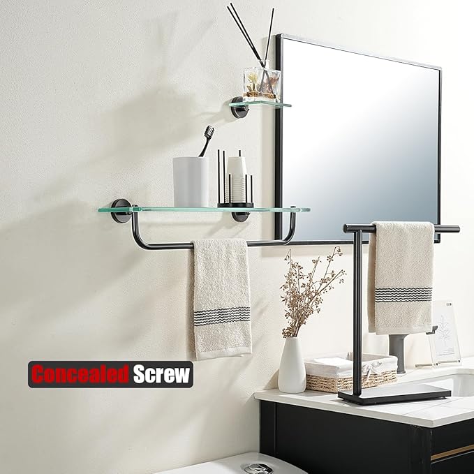 JQK Bathroom Glass Shelf Bronze, Shelf with 19 Inch Towel Bar Tempered Glass Shower Storage 20 by 5 inches, 304 Stainless Steel Oil Rubbed Bronze Wall Mount, TGS100L20-ORB