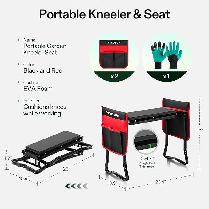 VIVOSUN Heavy Duty Garden Kneeler and Seat, Folding Garden Stool with Soft EVA Foam Kneeling Pad & 2 Large Tool Bags, Anti-Tipping Gardening Bench, Gifts for Women and Seniors, Red & Black