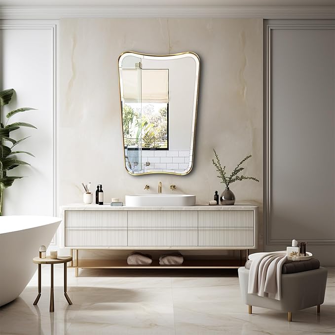 POZINO Brushed Mirror for Over Sink, 24"x36" Gold Beveled Bathroom Mirror, Modern Rectangle Mirrors, Brass Vanity Wall Mirrors in Stainless Steel Frame, Wall Mount Hangs Horizontal Or Vertical