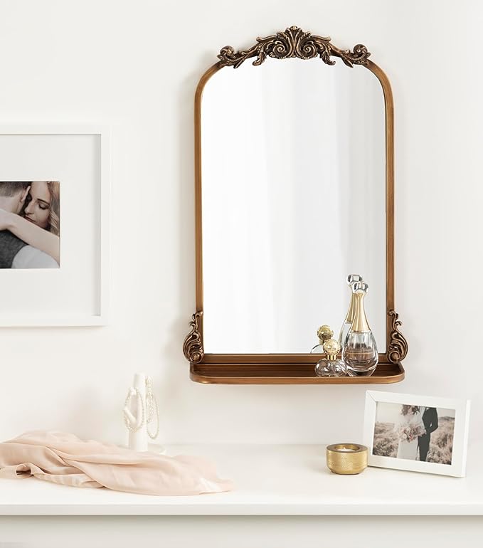 Kate and Laurel Arendahl Traditional Vintage Arch Mirror with Shelf; 16 x 25; Gold; Baroque Antique Arched Wall Mirror with Functional Shelf and Ornate Frame