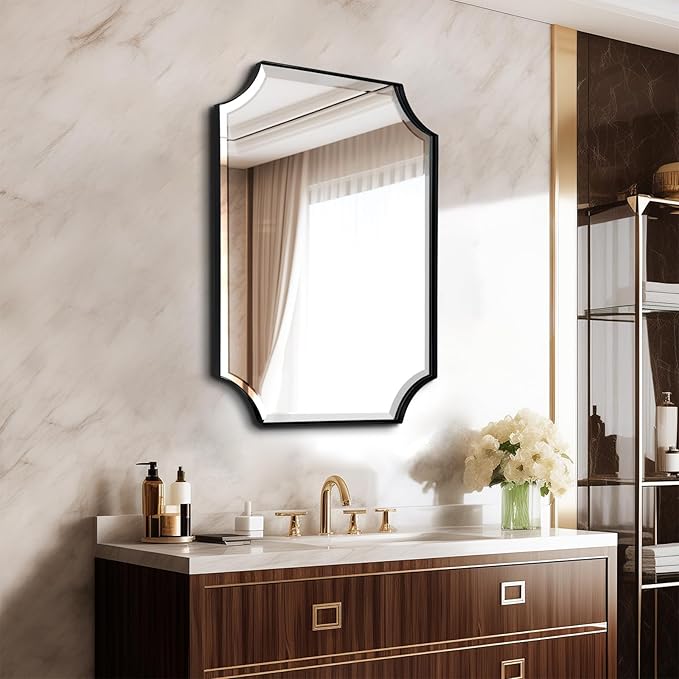 POZINO Rectangle Beveled Mirror, 22"x30" Scalloped Bathroom Mirror for Over Sink, Modern Irregular Shaped Mirrors, Wavy Vanity Wall Mirrors in Premium Frame, Wall Mount Hangs Horizontal Or Vertical