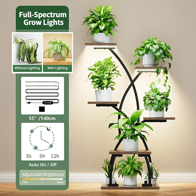JUSTOGO Plant Stand Indoor with Grow Lights - 6 Tiered Plant Shelf Indoor, 36“ Corner Plant Stands for Indoor Plants Multiple, Metal Curved Flower Holder Display Rack for Patio, Balcony, Home Decor