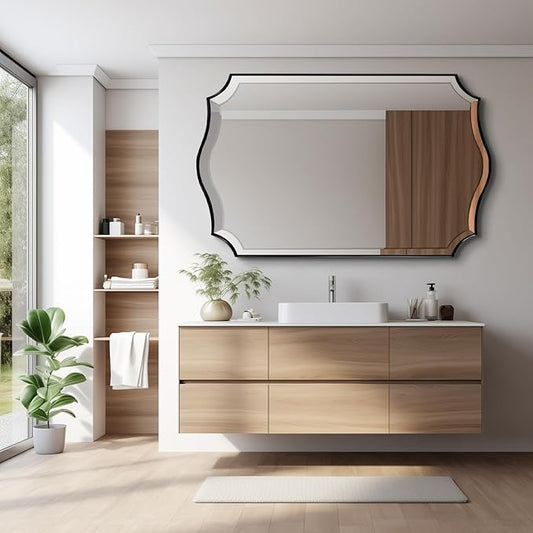 POZINO Scalloped Beveled Mirror, 30"x48" Modern Rectangle Mirrors for Over Sink, Large Wavy Decorative Mirrors, Irregular Shaped Mirror for Vanity Bathroom Living Room Bedroom Fireplace Entryway