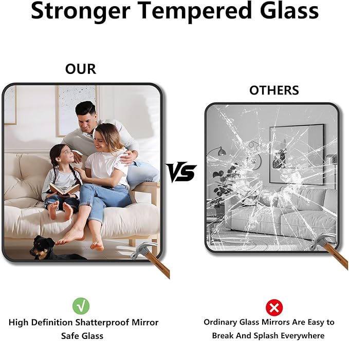 Koonmi Bathroom Mirror, 36X40 Inch Black Metal Framed Mirror for Bathroom, Tempered Glass, Anti-Rust, Rounded Rectangle Mirror for Restroom, Bedroom, Black