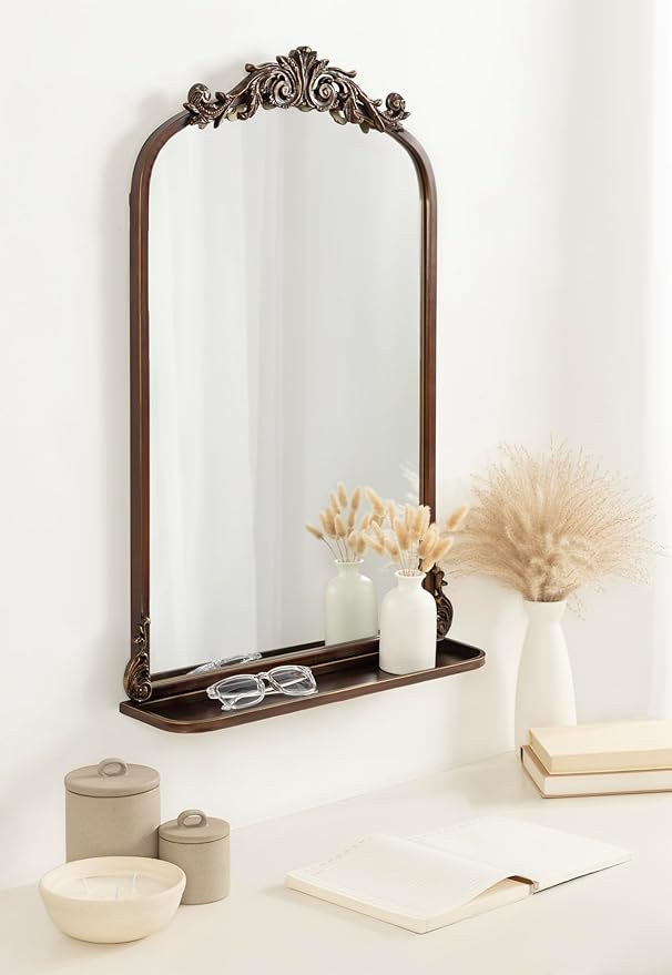 Kate and Laurel Arendahl Traditional Vintage Arch Mirror with Shelf; 21 x 32; Bronze; Baroque Antique Arched Wall Mirror with Functional Shelf and Ornate Frame