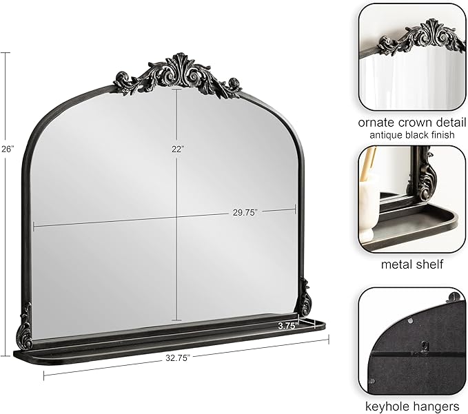 Kate and Laurel Arendahl Traditional Vintage Arch Mirror with Shelf; 33 x 26; Black; Baroque Antique Arched Wall Mirror with Functional Shelf for Use as Vanity Bathroom Mirror or Cute Nursery Mirror