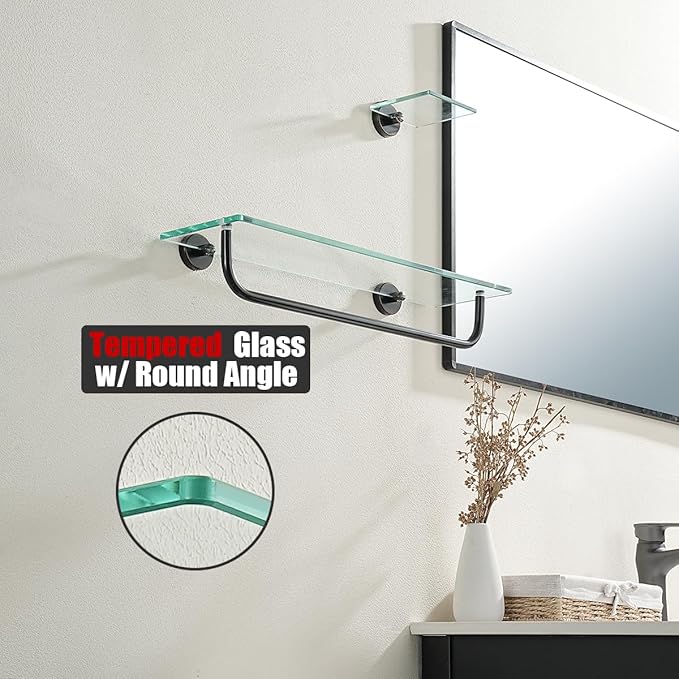 JQK Bathroom Glass Shelf Bronze, Shelf with 19 Inch Towel Bar Tempered Glass Shower Storage 20 by 5 inches, 304 Stainless Steel Oil Rubbed Bronze Wall Mount, TGS100L20-ORB