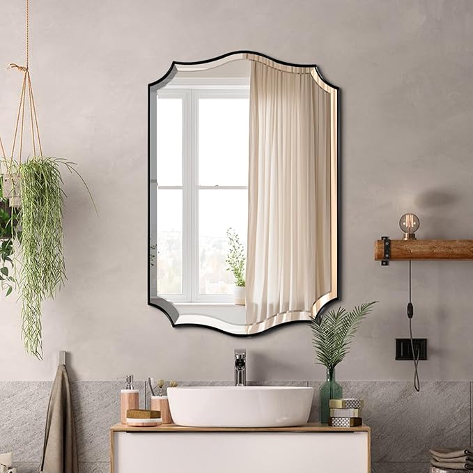 POZINO Scalloped Beveled Mirror, 24"x36" Modern Rectangle Mirror for Over Sink, Irregular Shaped Decorative Mirrors, Wavy Vanity Wall Mirrors for Bathroom Living Room Bedroom Fireplace Entryway