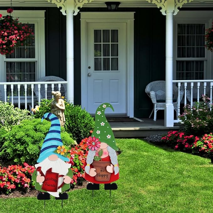YEAHOME Garden Decor for Outside, Set of 2 Metal Gnomes 27.6” Decorative Garden Stakes with Flowers for Spring Decor, Yard Art Stakes for Outdoor Lawn Backyard Porch Garden Decorations