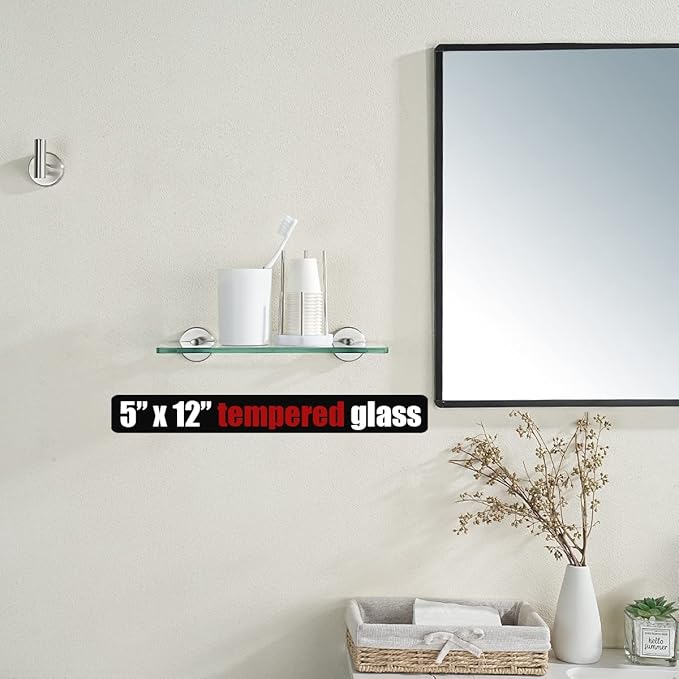 JQK Bathroom Glass Shelf Brushed, Tempered Glass Shower Storage 12 by 5 inches, 304 Stainless Steel Brushed Steel Wall Mount 2 Pack, TGS101L12-BN-P2