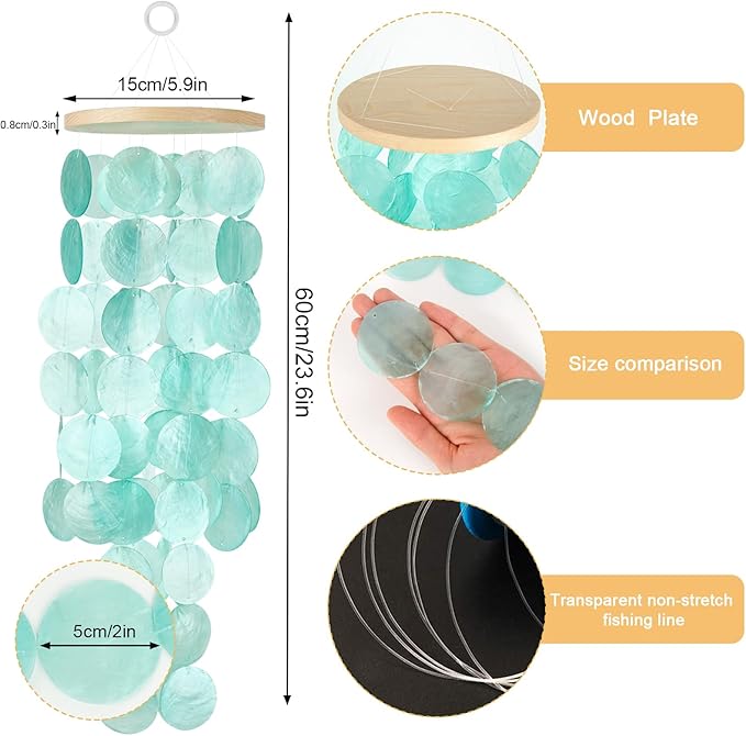 Wind Chimes for Outside - Handcrafted Turquoise Capiz Shells Windchime Coastal Style Decor for Indoor/Outdoors, Garden Decor, Great for Women, Wind Chimes Lovers and More