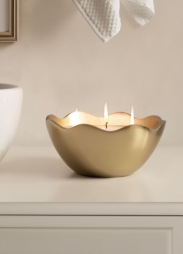 Kate and Laurel Alessia Scalloped Round Metal Candle Bowl, 8 Inch Diameter, Gold, Modern Three-Wick Unscented Candle with Decorative Bowl for Living Room Decor