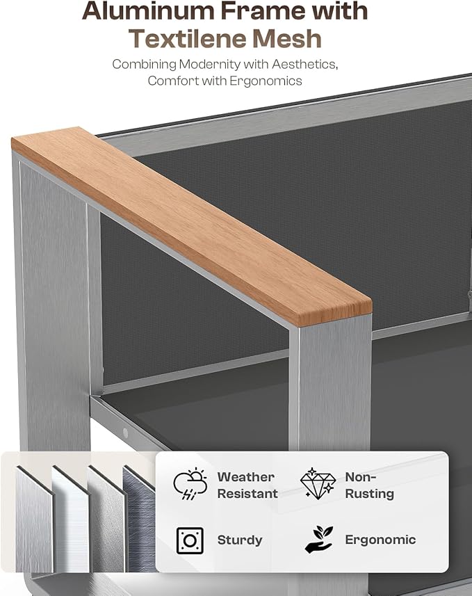 Outdoor Furniture Set, 4 Piece Aluminum Patio Furniture Set with Wide Seat and Thick Cushions, Modern Outdoor Patio Conversation Sets for Deck, Porch (Teak-Charcoal)