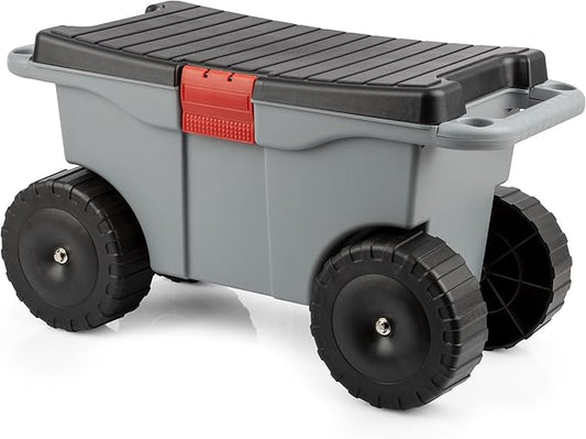 Pure Garden Rolling Garden Cart with Seat - Plastic Storage with Bench and Interior Tool Tray - Gardening Stool for Weeding and Planting (Gray)