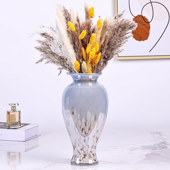 11.8" Tall Blown Blue Glass Vase, Colorful Opaque Glass Vase, Unique Design Wide Mouth Art Decoration for Home, Living Room, Dining Table, Pampas Grass Decor (Blue White)