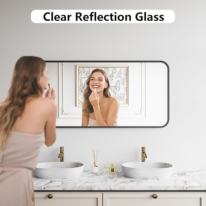 Koonmi Bathroom Mirror, 24X48 Inch Black Metal Framed Mirror for Bathroom, Tempered Glass, Anti-Rust, Rounded Rectangle Mirror for Restroom, Bedroom, Black