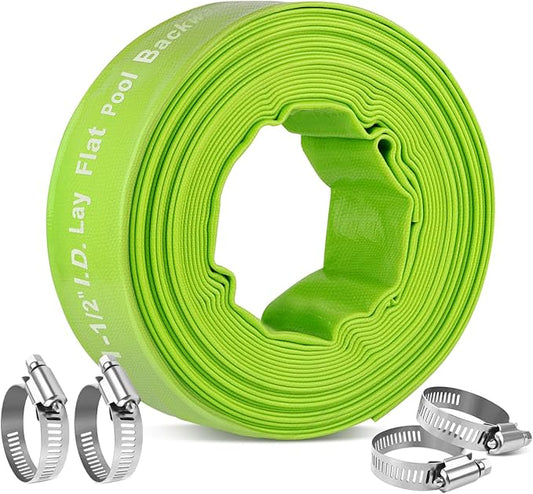 Boltigen 1-1/2'' Pool Backwash Hose, 50 Feet Heavy Duty PVC Pool Drain Hose with Clamps, Lay Flat Water Discharge Filter Pump Hose for Swimming pools, High Pressure Pool Pump Hose