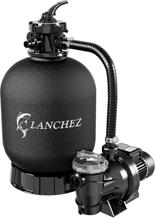 LANCHEZ 16in Sand Filter Pump for Above Ground Pool with Timer, 1.5HP, Max 4900GPH for Pools Up to 16000GAL, 6-Way Valve Pool Sand Filter System, Enhanced Circulation for Crystal-Clear Pool