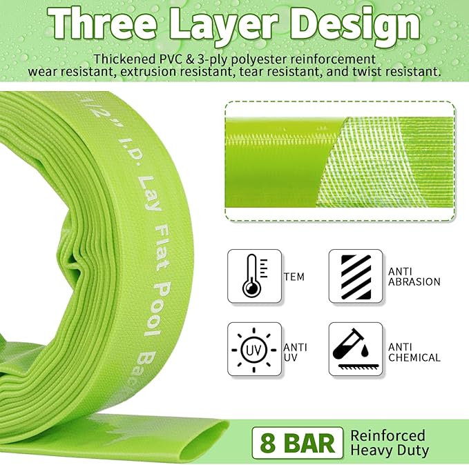 Boltigen 1-1/2'' Pool Backwash Hose, 25 Feet Heavy Duty PVC Pool Drain Hose with Clamps, Lay Flat Water Discharge Filter Pump Hose for Swimming pools, High Pressure Pool Pump Hose