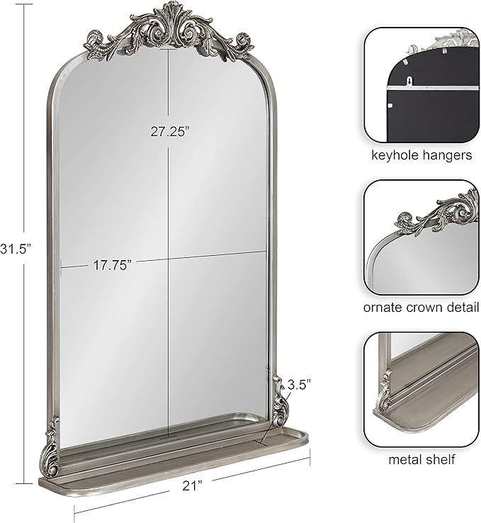 Kate and Laurel Arendahl Antique Vintage Arched Mirror with Shelf for Traditional Home Décor, 21x32, Silver