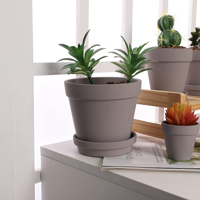 Terra Cotta Pots with Saucer- 6-Pack Large Terracotta Pot Clay Pots 5.5'' Clay Ceramic Pottery Planter Cactus Flower Pots Succulent Pot with Drainage Hole- for Plants,Crafts terra cotta planter(Grey)
