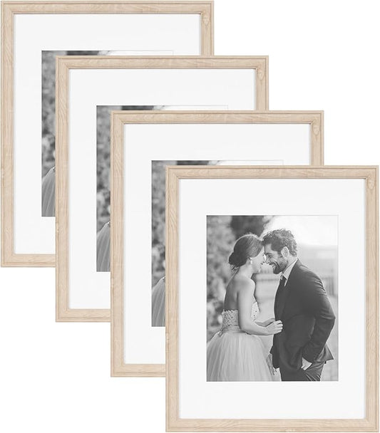 Kate and Laurel Adlynn Rectangle Picture Frame Set of 4; 11 x 14 matted to 8 x 10; Natural; Transitional Four-Piece Frame Set for Gallery Wall Frame Set in Living Room Wall Decor