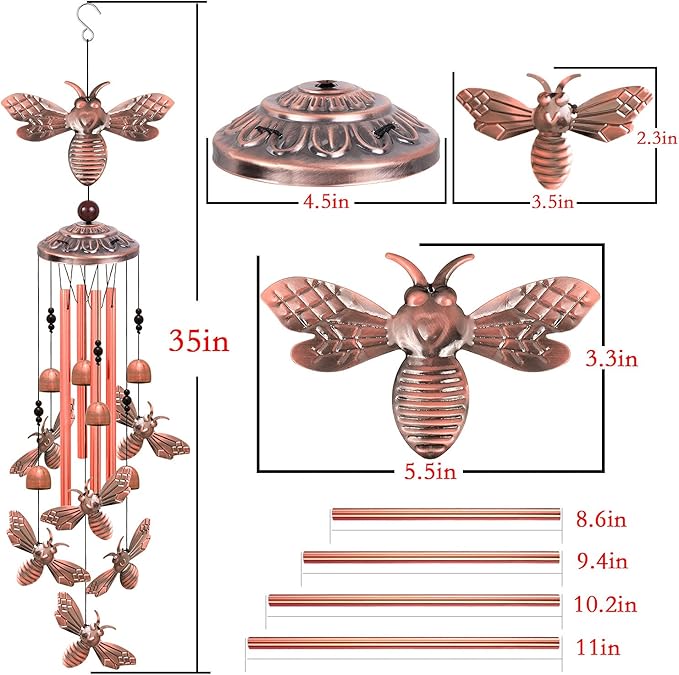 Bee Wind Chimes for Garden, Gifts for Mom, Home, Balconies, Rooms, Patio, Indoor, Outdoor Bee Decoration, Aluminum Bee Chimes, Bees Wind Catcher, Red Copper Bees Wind Bells, Bees Wind Chimes Decor