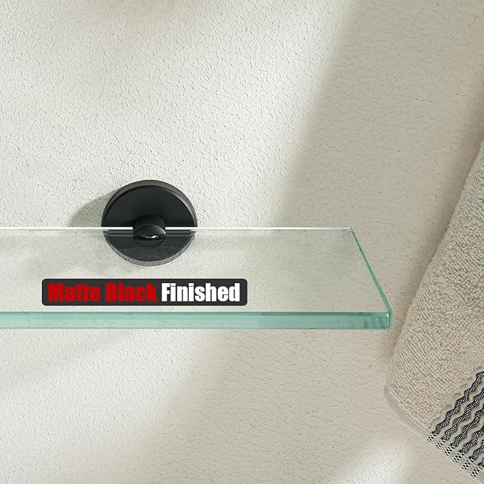 JQK Bathroom Glass Shelf Black, Tempered Glass Shower Storage 8 by 5 inches, 304 Stainless Steel Matte Black Wall Mount, TGS101L8-PB