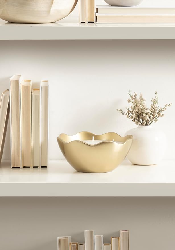 Kate and Laurel Alessia Scalloped Round Metal Candle Bowl, 8 Inch Diameter, Gold, Modern Three-Wick Unscented Candle with Decorative Bowl for Living Room Decor