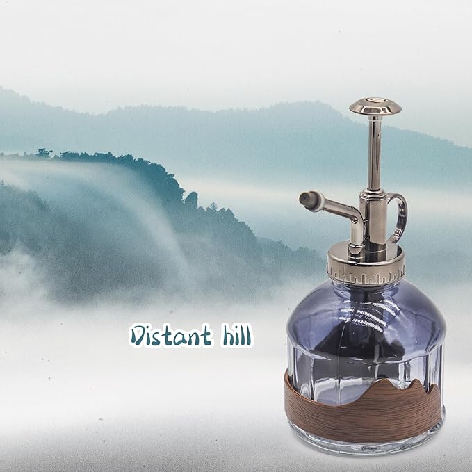 OFFIDIX Glass Plant Mister, 6.3 Inches Tall Vintage Style Spritzer Bronze Plastic Top Pump One Hand Watering Can Indoor Plant Spray Bottle for Garden, Plants, Cleaning (Distant Hill)