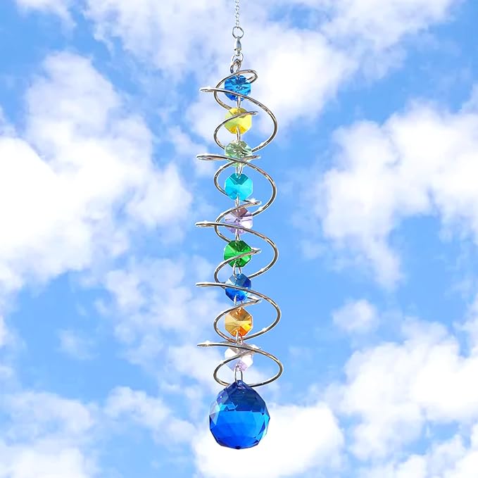 Sun Catchers Gazing Ball Spiral Tail Wind Spinner with Crystal Suncatcher for Hanging Ornaments Decorative Indoor Outdoor Windows Prism Rainbow Maker Car Mirror Home Yard Garden Decor