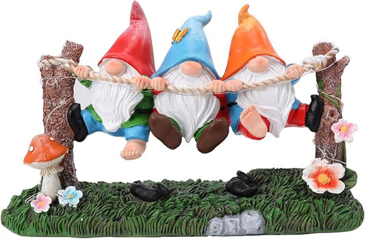 Garden Gnome Statue, Solar Swing Gnomes Figurine with Flowers and Mushrooms, Waterproof Resin Outdoor Decor for Patio Lawn Yard Home Tabletop Decoration