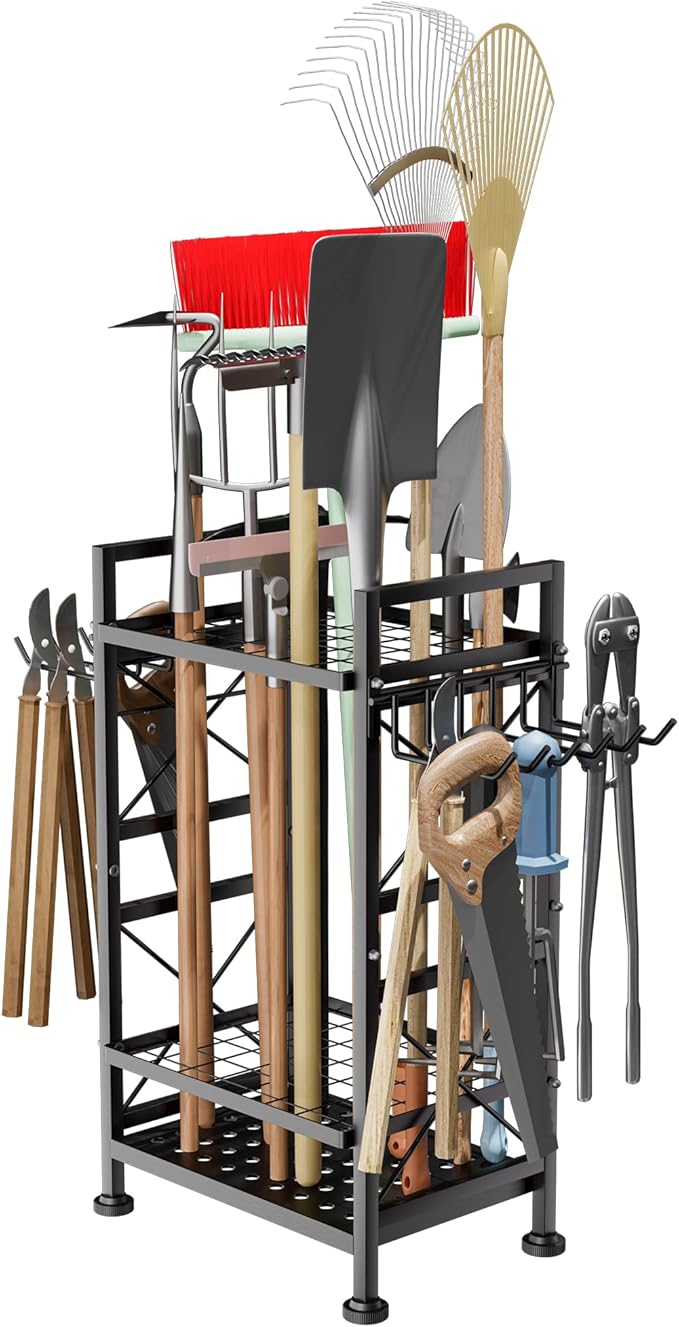 GIOTORENT 3 Tier Metal Garden Tool Organizer - Heavy Duty Yard Storage for Up to 78 Tools, Indoor/Outdoor Garage Patio Shed Organization - Black