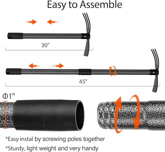 Hoe and Cultivator Gardening Hand Tools, Heavy Duty Stainless Steel Garden Hoe and 3 Fork Hand Tiller for Gardening Weeding Planting with Adjustable Handle 45 inch
