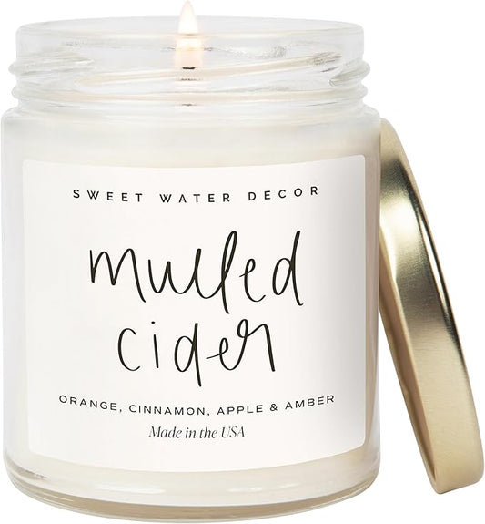 Sweet Water Decor Mulled Cider Candle - Fall Scented with Cinnamon, Icing and Cinnamon Buttery Pastry for Home - Fall Soy Candle with 40 Hours Burn Time - 9Oz Gold Lid Clear Jar Mulled Cider Scents