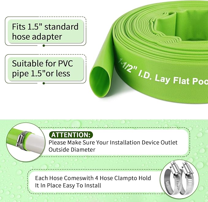 Boltigen 1-1/2'' Pool Backwash Hose, 25 Feet Heavy Duty PVC Pool Drain Hose with Clamps, Lay Flat Water Discharge Filter Pump Hose for Swimming pools, High Pressure Pool Pump Hose