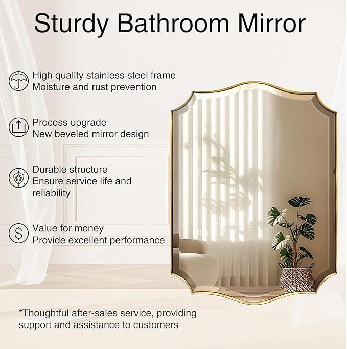 POZINO Scalloped Beveled Mirror, 24"x36" Gold Irregular Shaped Mirror, Modern Rectangle Mirrors in Stainless Steel Frame, Vanity Wall Mirrors for Bathroom Living Room Bedroom Fireplace Entryway