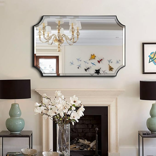 POZINO Black Beveled Mirror, 24"x36" Rounded Rectangle Mirror for Over Sink, Modern Irregular Shaped Mirrors Decorative, Vanity Wall Mirrors for Bathroom Living Room Bedroom Fireplace Entryway
