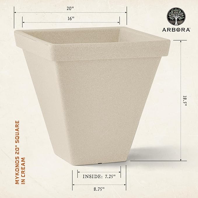ARBORA 20" Mykonos Square Polyresin Indoor and Outdoor Planter with Classic Cream Finish - Durable, All Season, Weatherproof, Lightweight, Large Plant Pot for Patio, Garden, Deck, Entryway