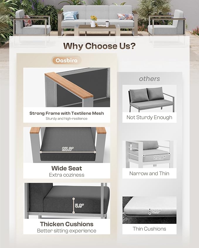 Outdoor Furniture Set, 4 Piece Aluminum Patio Furniture Set with Wide Seat and Thick Cushions, Modern Outdoor Patio Conversation Sets for Deck, Porch (Teak-Charcoal)