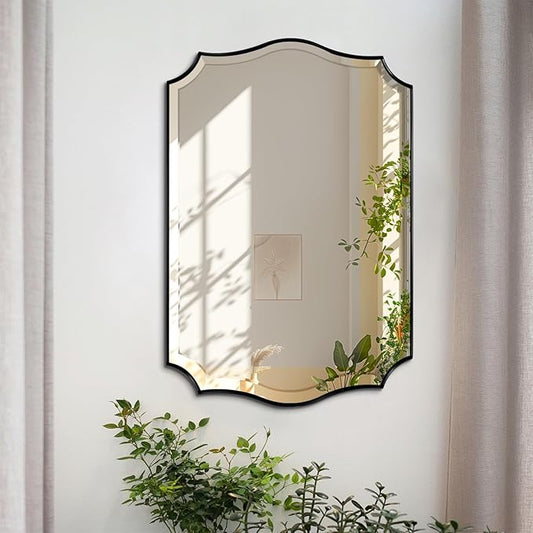 POZINO Scalloped Beveled Mirror, 24"x36" Modern Rectangle Mirror for Over Sink, Irregular Shaped Decorative Mirrors, Wavy Vanity Wall Mirrors for Bathroom Living Room Bedroom Fireplace Entryway