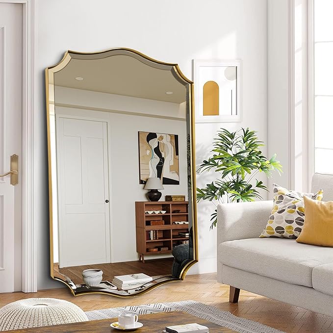 POZINO Scalloped Beveled Mirror, 30"x48" Large Brass Rectangle Mirrors for Over Sink, Gold Wavy Vanity Mirrors, Irregular Shaped Mirror for Bathroom Living Room Bedroom Fireplace Entryway