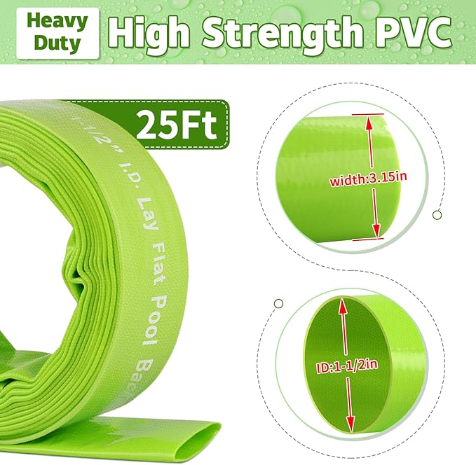 Boltigen 1-1/2'' Pool Backwash Hose, 25 Feet Heavy Duty PVC Pool Drain Hose with Clamps, Lay Flat Water Discharge Filter Pump Hose for Swimming pools, High Pressure Pool Pump Hose