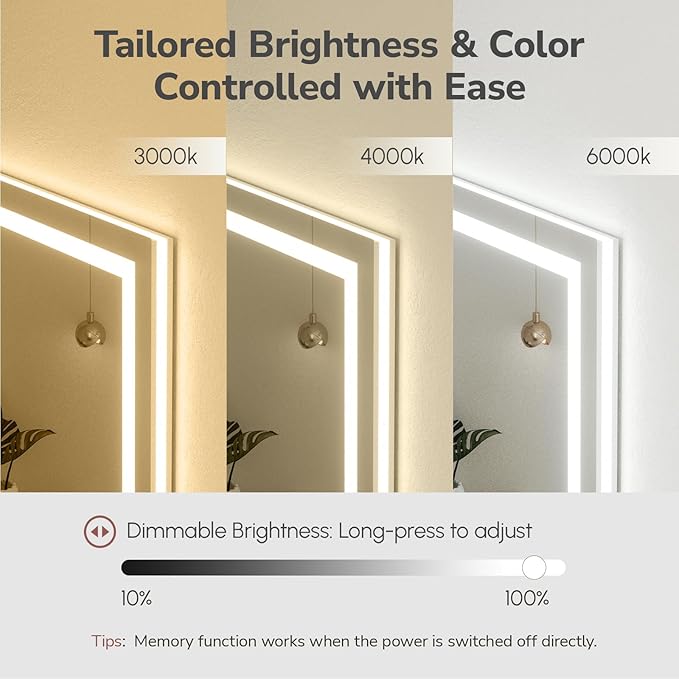 USHOWER LED Bathroom Mirror 55x30 Inch with Lights - Frameless Tempered Glass LED Backlit Lighted Mirror for Bathroom Vanity with Anti-Fog, 3 Colors Dimmable, Memory Function, Wall-Mounted
