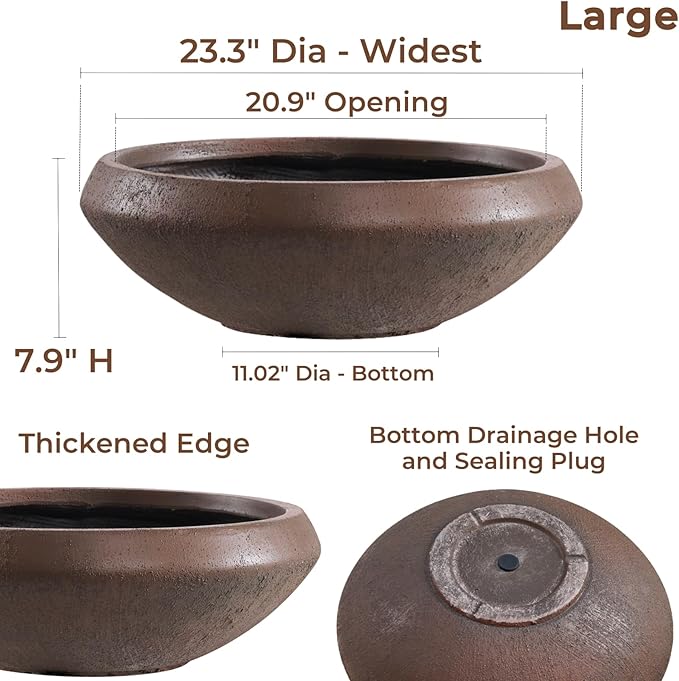 23.3"Dia x 8"H Large Succulent Pot with Drain Hole and Plug, 21" Opening Lotus Bowl Planter, Weathered Concrete Planters for Indoor Outdoor Plants, Home, Patio, Garden, Weathered Concrete, Large-Rust