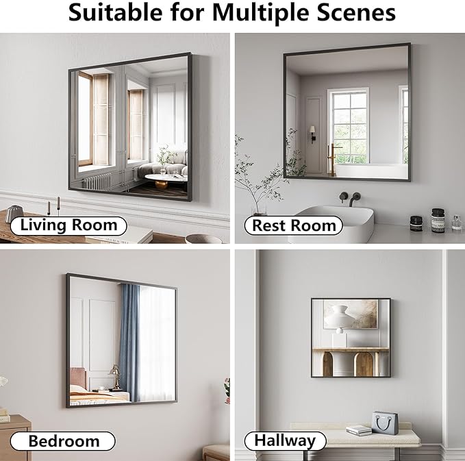 Koonmi Bathroom Mirror 30x30 Black Bathroom Wall-Mounted Mirrors, Modern Vanity Mirror for Bedroom, Living Room, Aluminum Alloy Frame Allow to Hang Horizontally or Vertically