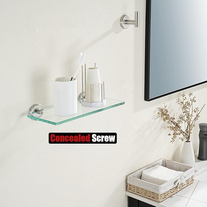 JQK Bathroom Glass Shelf Brushed, Tempered Glass Shower Storage 12 by 5 inches, 304 Stainless Steel Brushed Steel Wall Mount 2 Pack, TGS101L12-BN-P2