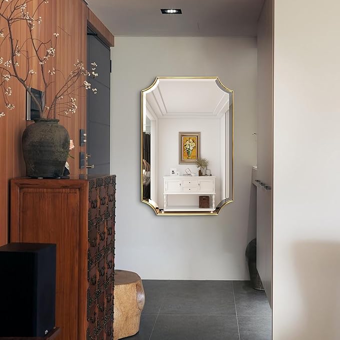 POZINO Beveled Vanity Mirror, 24"x36" Modern Bathroom Mirrors Over Sink, Rounded Rectangle Mirrors with Stainless Steel Frame, Brushed Brass Wall Mirrors for Bedroom Living Room Fireplace Entryway